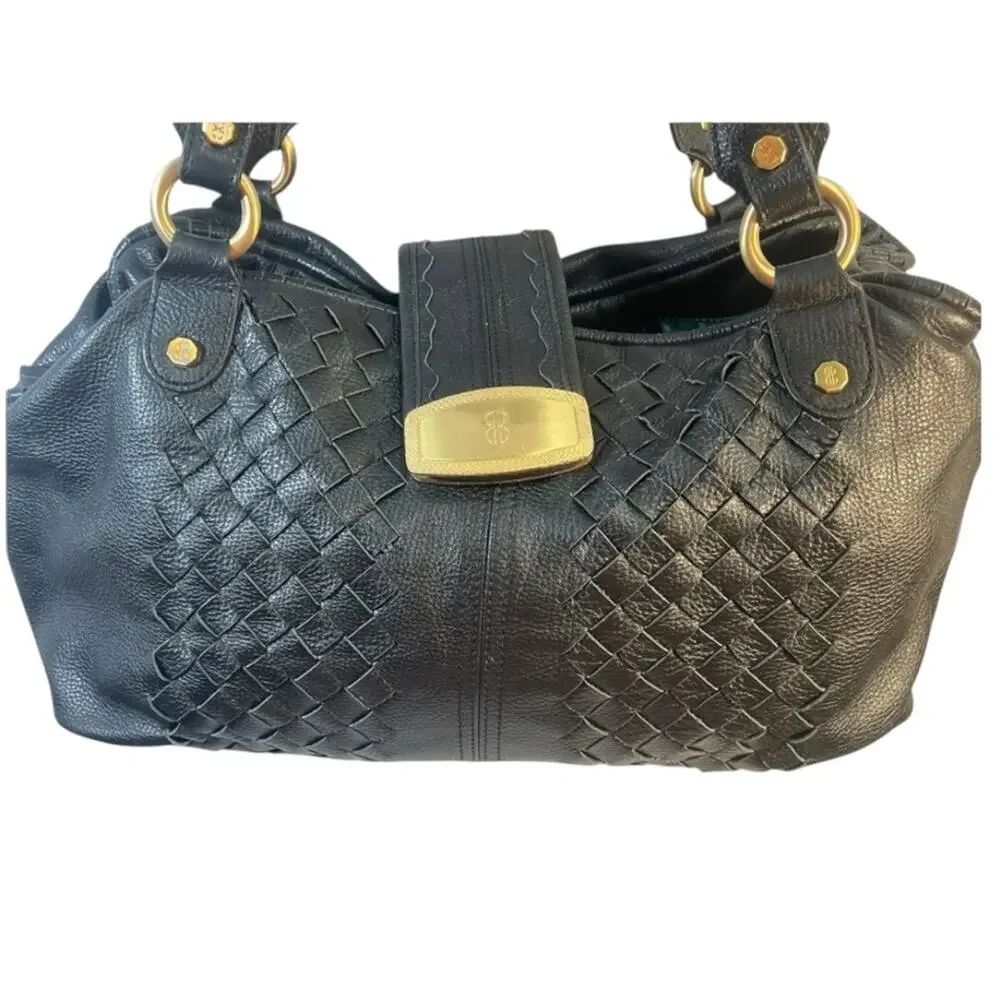 BILL BLASS Vintage Black Woven Leather Satchel or Shoulder Hobo Bag